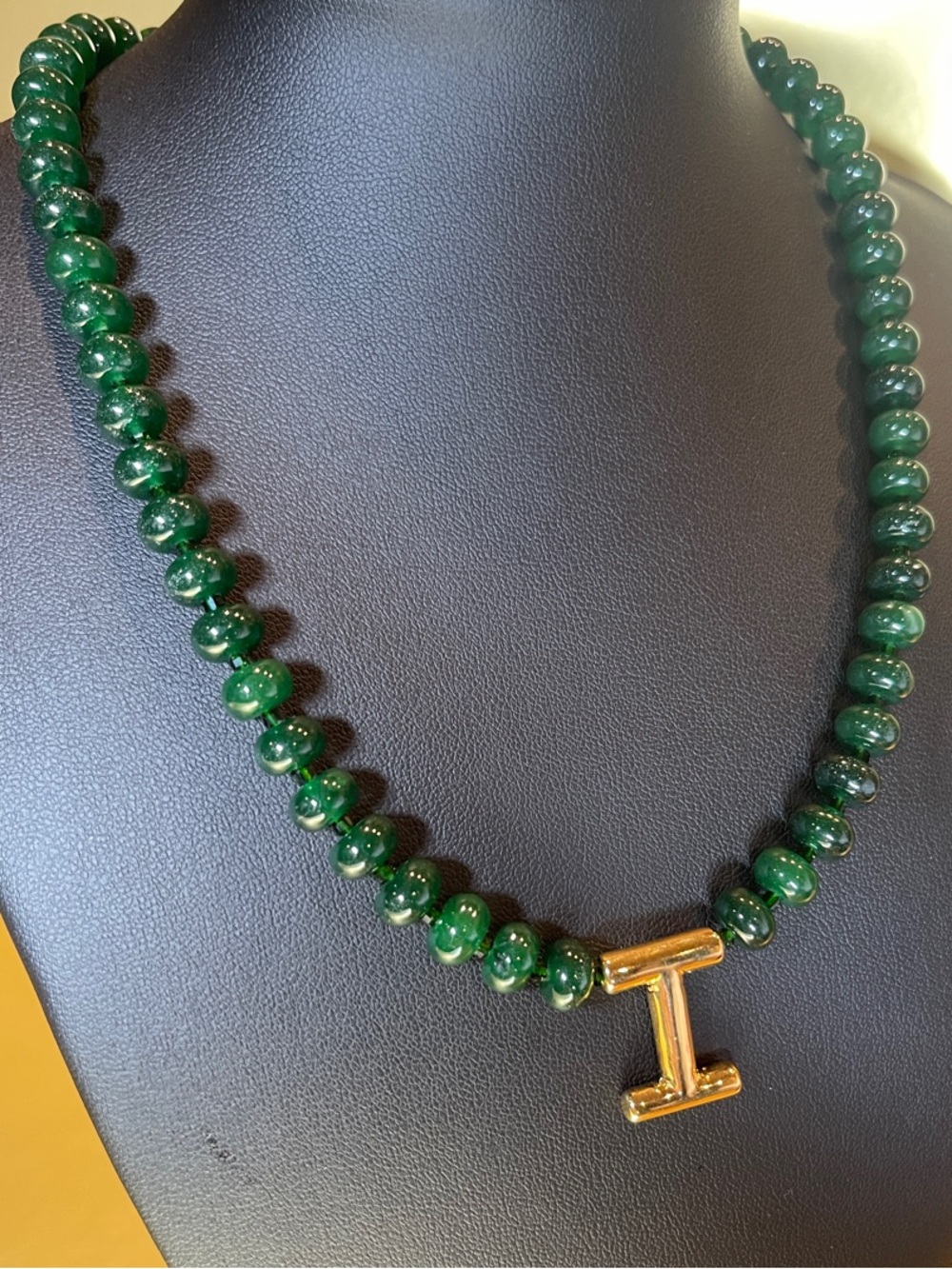 Green Jade Beaded Necklace with Gold pendant
